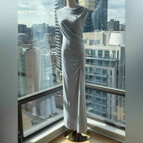 🆕 SIMKHAI 🧿 NWOT Acacia Draped Ruched Jersey Midi Dress, Blue Haze - Sz L - Picture 11 of 15